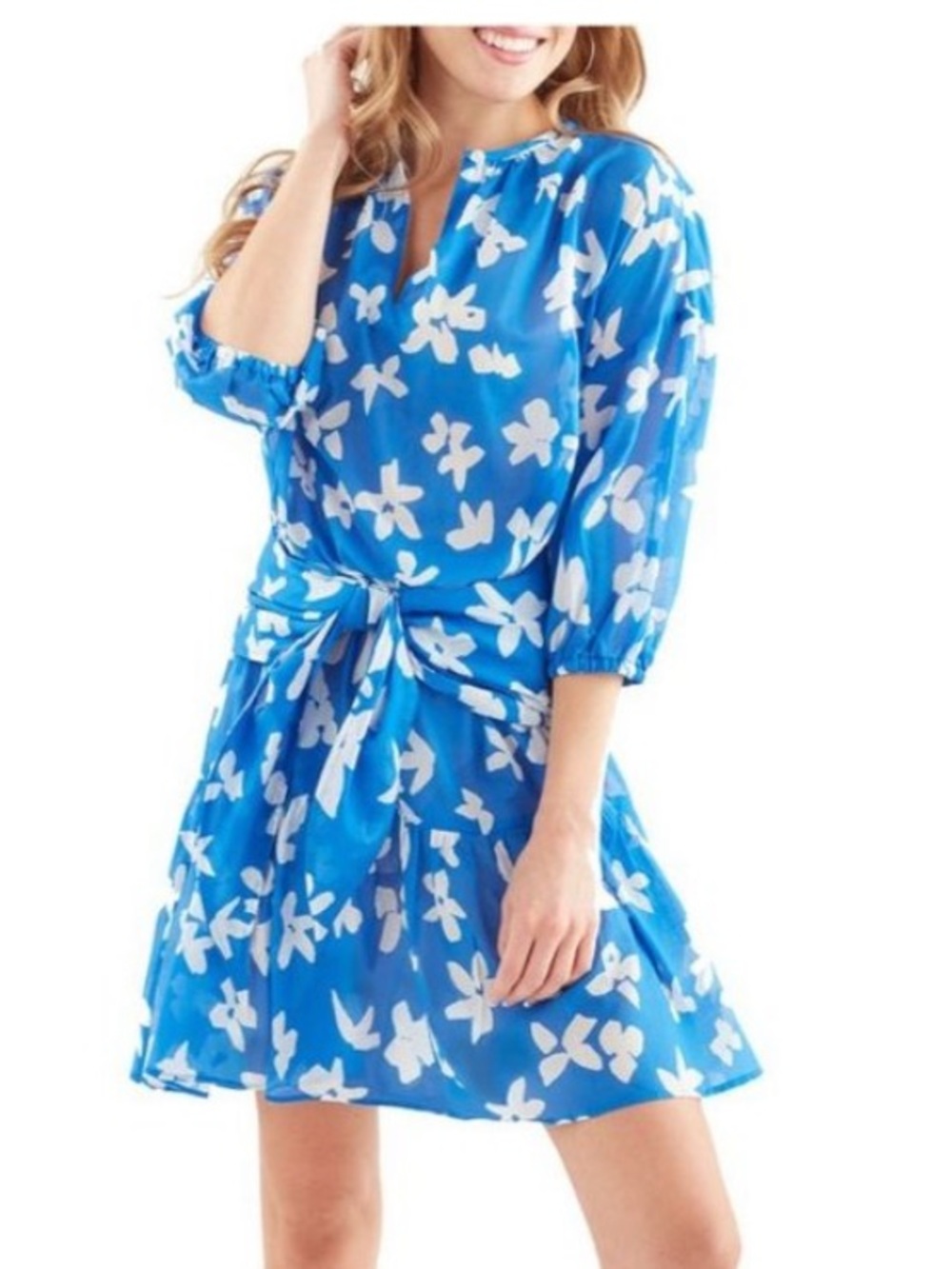 Finley Womens Coco Scattered Flowers Voile 3/4 Sleeve Mini Dress Blue White XL